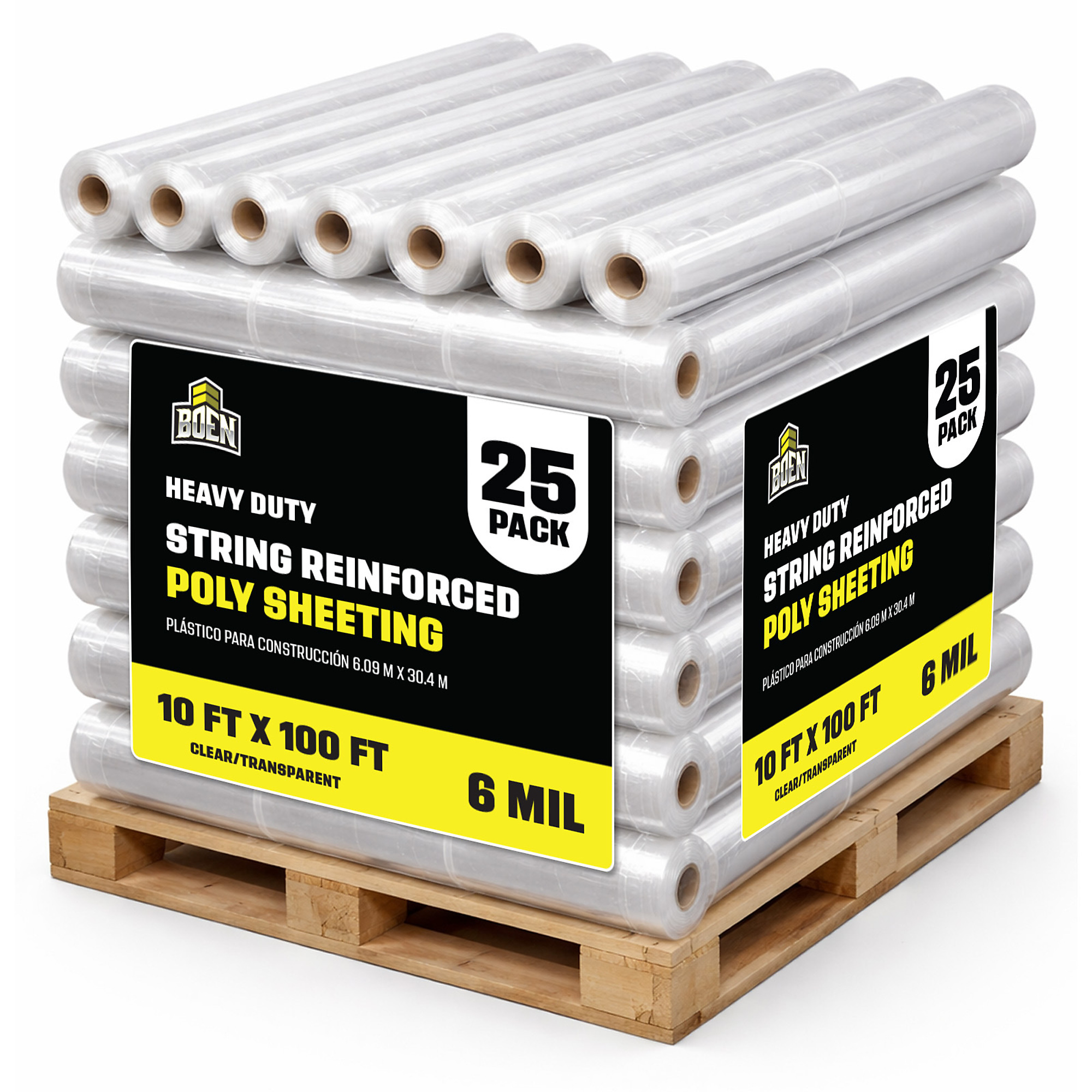 Boen Clear String Reinforced Plastic Sheeting 10 ft x 100 ft, 25-Pack, 6 Mil Heavy-Duty for Dust Containment, Vapor Barrier & Jobsite Protection